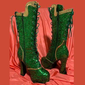Green Glitter Platform Boots